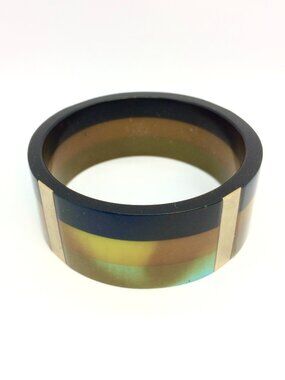 VINTAGE LUCITE RESIN Bangle Bracelet Iridescent Stripe Chunky Gold Bar Bracelet